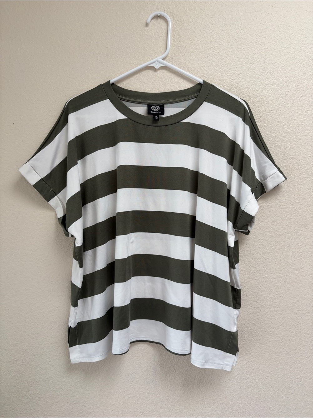 Bobeau Striped Relaxed Fit Tee - Olive Green & White Size 1X, Cuffed Sleeves
